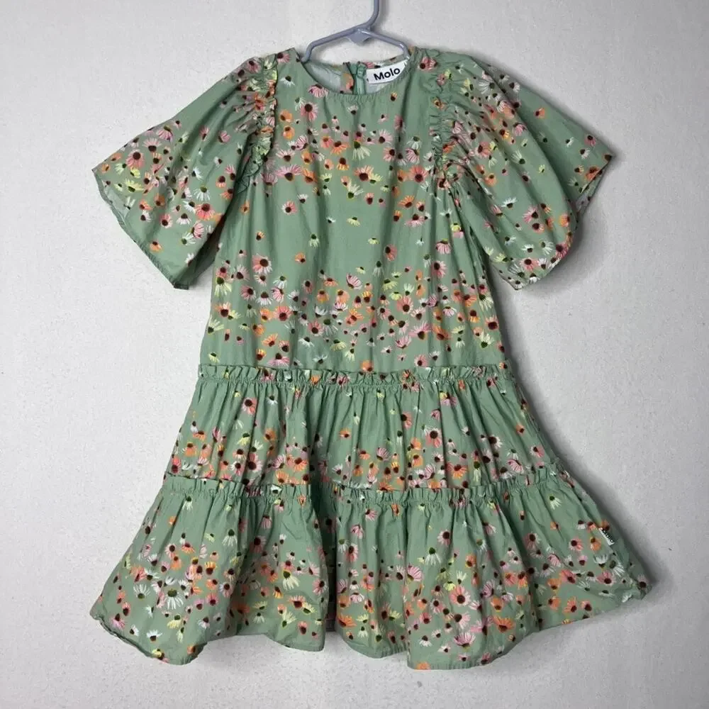 Molo Floral Organic Cotton Dress 5/6 Girls Cat Daisy Mint Tiered